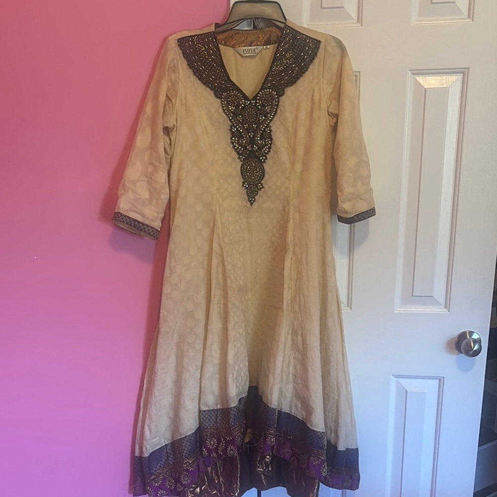 Elegant Beige and Purple Embellished Dress